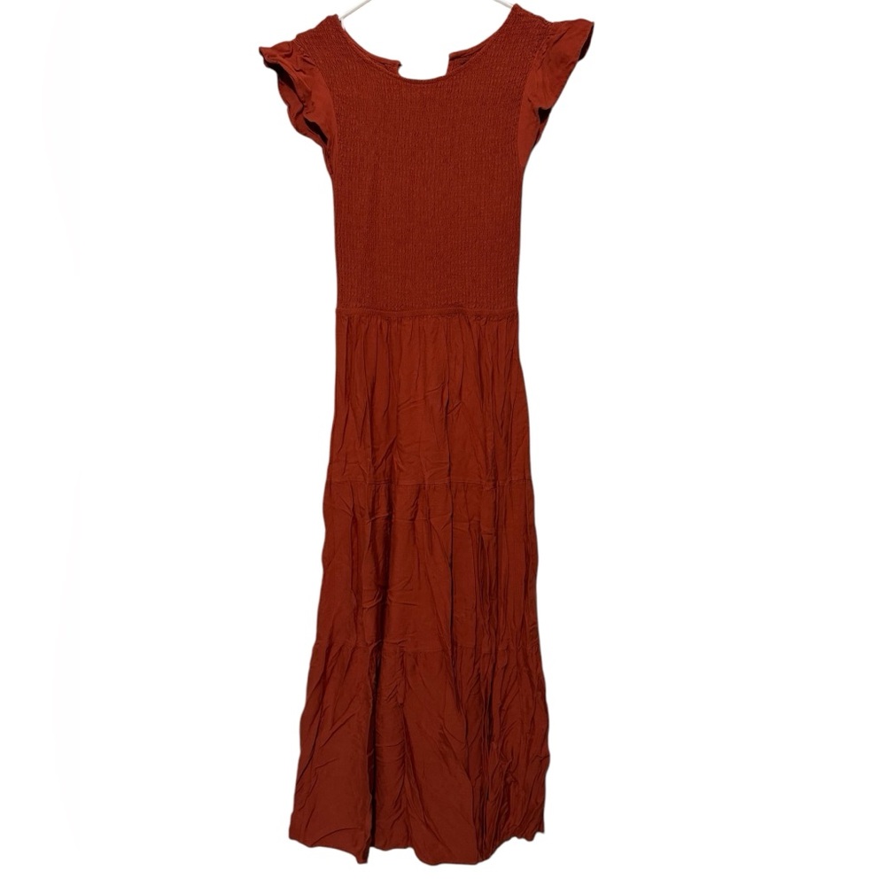 KYL Burnt Orange Smocked Flutter Sleeve Tiered Modest Maxi Dress Size Small Fall